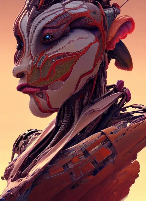 Image similar to asymmetrical!! portrait of an alien with parts of other aliens forming its face in the style of, machine face, intricate, elegant, highly detailed, digital painting, artstation, concept art, smooth, sharp focus, illustration, art by artgerm and greg rutkowski and alphonse mucha, horizon zero dawn 8 k