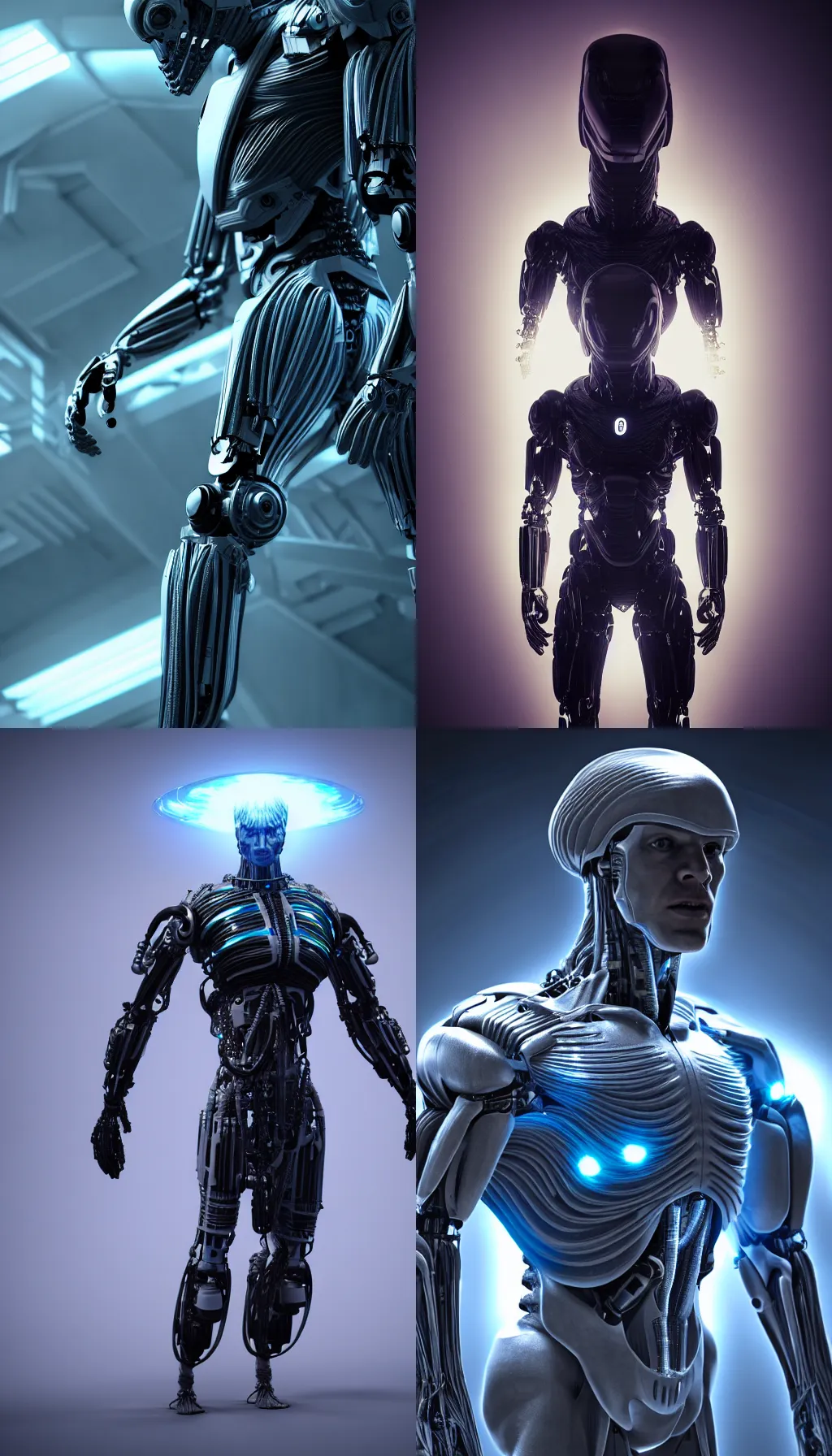 Image similar to tall muscular alien cyborg with huge head in fiber optic exo suit, 8k, octane render