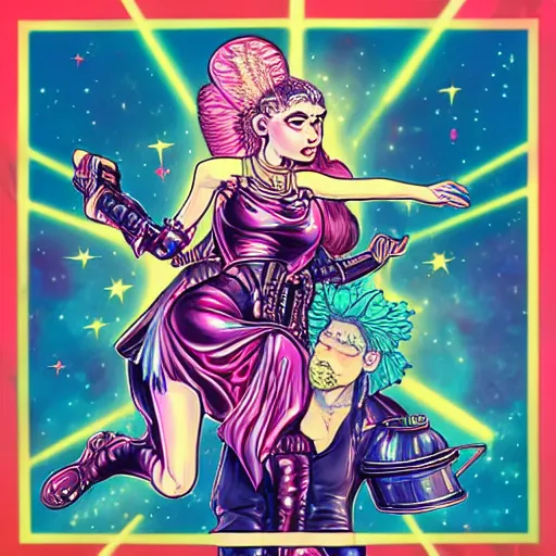 Prompt: surreal photorealistic cartoon art of grimes as a cosmic steampunk fairy holding a miniature elon musk prisoner. synthwave