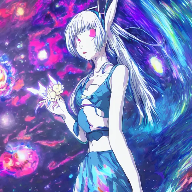 Image similar to rei ayanami, deep space, seascape, grimes, silver hair, shikinami asuka langley, card captor sakura, bunny ears, cosmos, psychedelic flowers, black opal, rainbow aura quartz, organic, oni compound artwork, of character, render, artstation, portrait, wizard, beeple, art, fantasy, epcot, psychedelic glitchcore