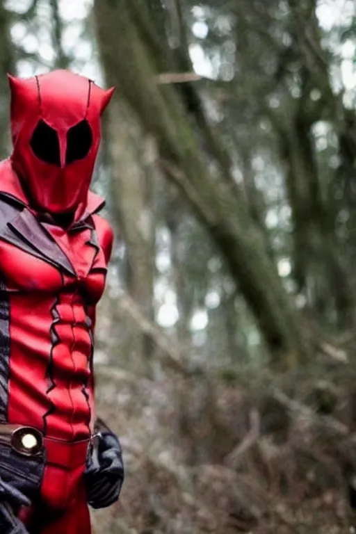 Prompt: red hood cosplay, creepy