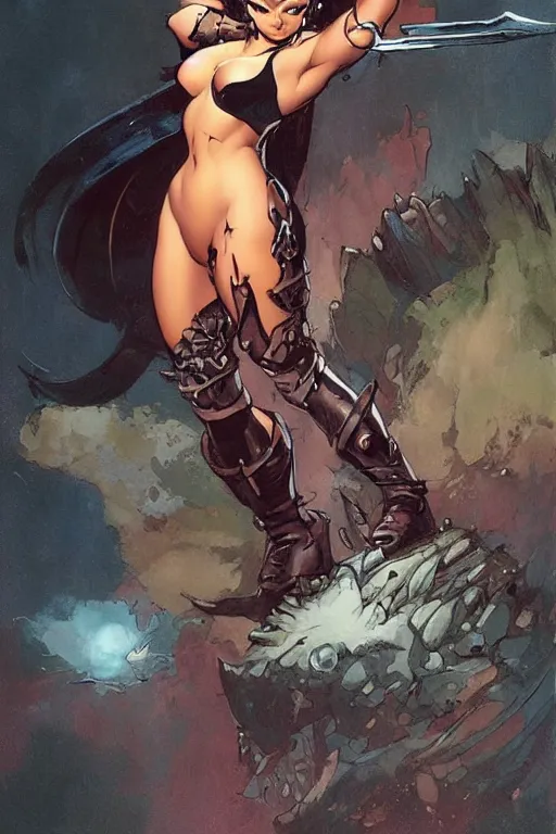 Image similar to a cute fantasy woman by frank frazetta and ross tran