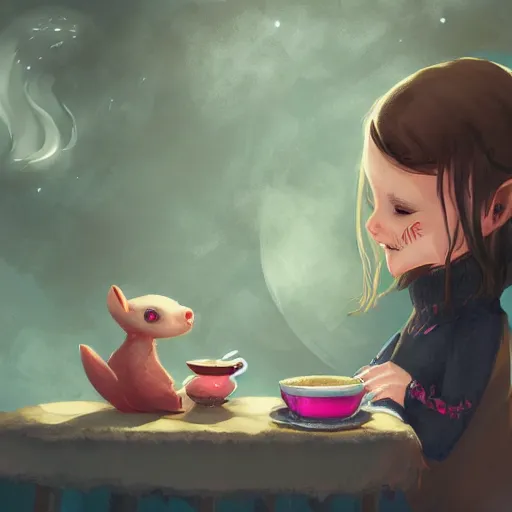 Prompt: little girl drinking tea with a friendly cryptid, digital art, artstation