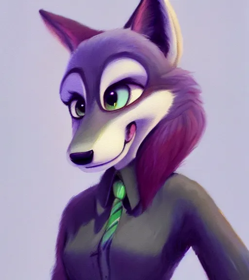 Image similar to oil painting of anthromorphic female wolf, in style of zootopia, zootopia, zootopia, fursona, furry, furaffinity, 4 k, deviantart, furry art, fursona art, wearing black business suit, business suit, in style of zootopia, wolf fursona, cyberpunk, female, expressive detailed feminine face,