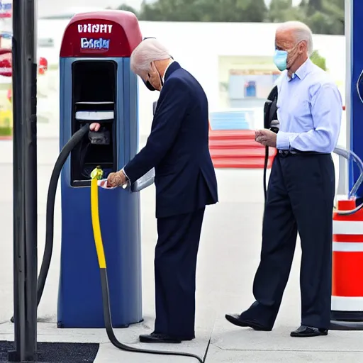 Prompt: joe biden at the gas station pumping gas into his mouth