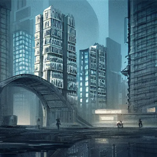 Image similar to beautiful digital illustration of a dystopian, futuristic city with brutalist architecture