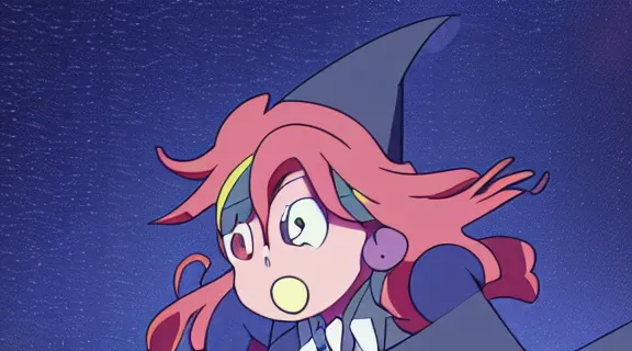 Image similar to Anime Screenshot of a LITTLE WITCH ACADEMIA unsheathing her sword at night, strong blue rimlit, visual-key, Nighttime Moonlit, anime illustration BY STUDIO TRIGGER