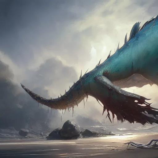 Prompt: a dying beached sea dragon washing up on the shore of a beach by jaime jones, cgsociety, fantasy art, concept art, artstation hd, deviantart hd. highly detailed. dramatic light. masterpiece