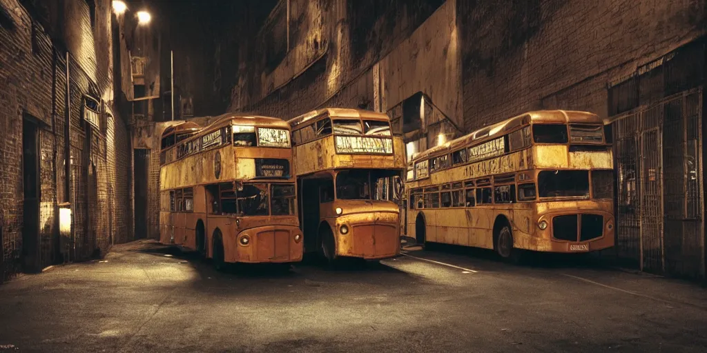 Image similar to a widescreen photo of a old rusty double - decker bus in a dark alley, low light, by steve mccurry