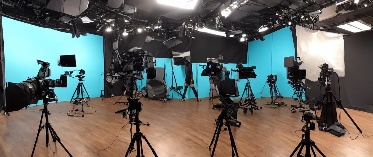 Image similar to photo of a movie set, green screen in the back, 4 cameras in the front, studio, movie set, realistic, studio lighting