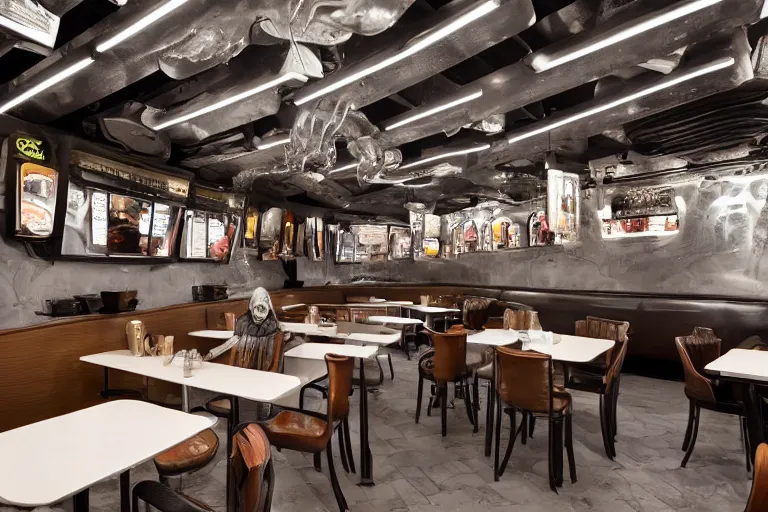 Image similar to a fast food restaurant interior filled with people inspired by HR Giger