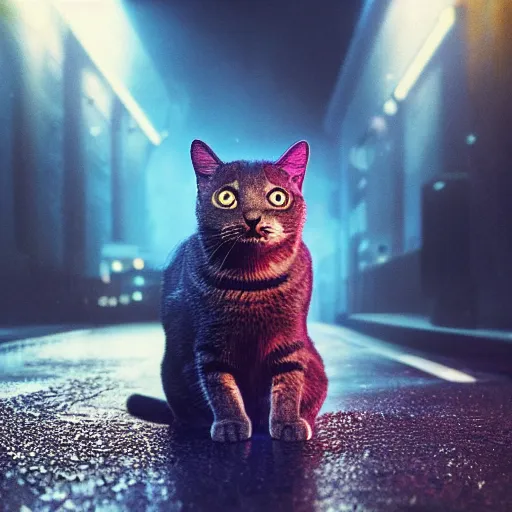 Prompt: a cat from the movie blade runner with long sharp claws and a laser eye. on a wet reflective street atmospheric lighting, neon glow, internal glow, ray tracing, 8 k, stunning still from film.