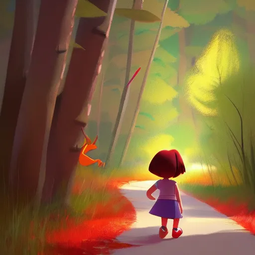 Image similar to goro fujita ilustration dora the explorer with short blonde hair and a long red outfit, walking next to a river in the forest, painting by goro fujita, sharp focus, highly detailed, artstation