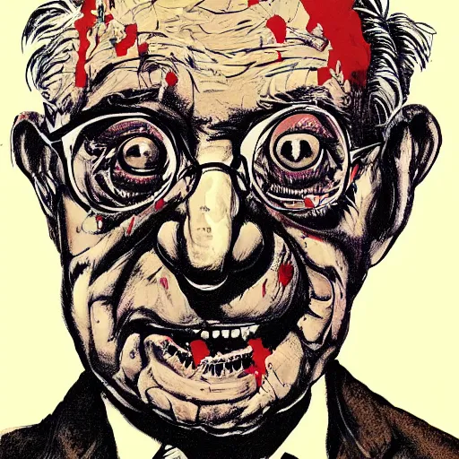 Image similar to George Soros full body shot, dollar bills Body horror, biopunk, by Ralph Steadman, Francis Bacon, Hunter S Thompson