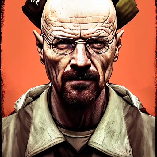 Image similar to Walter White Zombie Butcher, portrait, fantasy, medieval, vivid colors, elegant, concept art, sharp focus, beautiful face, digital art, Hyper-realistic, 4K, Unreal Engine, Highly Detailed, HD, Dramatic Lighting by Brom, trending on Artstation