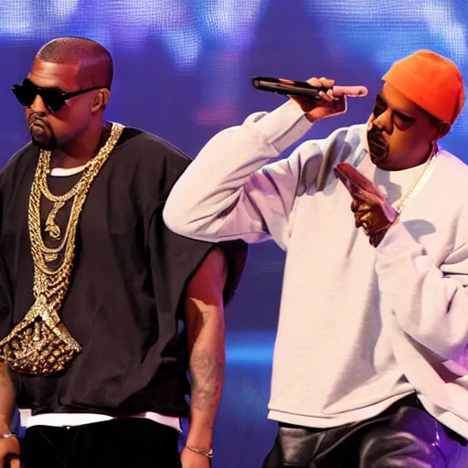 Prompt: kanye west & jay z performing the watch the throne tour at the nickelodeon's kid's choice awards, 2 0 1 1