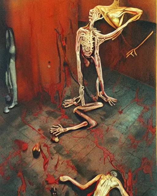 Image similar to realistic detailed overhead image of a ribcage and a dead old couple in style of Francis Bacon and Willem de kooning, interior room with a pool of blood and stray dog barking, messy living room. Art by Henry Clarke, Still from 1982 movie The Thing. Beksiński Masterpiece