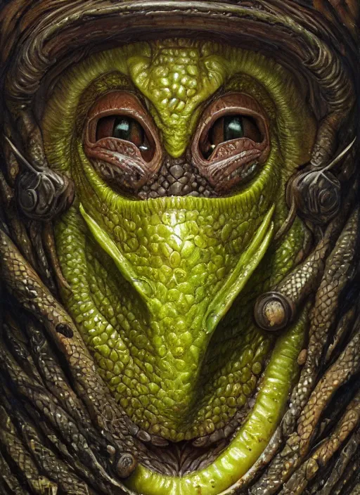 Image similar to kiwi fruit mf doom reptile eyes, kiwi fruit skin. intricate, elegant, highly detailed, centered, digital painting, artstation, concept art, smooth, sharp focus, illustration, artgerm, tomasz alen kopera, peter mohrbacher, donato giancola, joseph christian leyendecker, wlop, frank frazetta