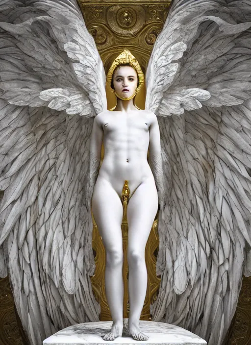 Image similar to a statue made of white marble with gold veins, of an beautiful gorgeous angel girl, full body shot, perfect symmetrical body, perfect symmetrical face, no eyes, hyper realistic, hyper detailed, fujicolor superia 1 6 0 0 photo, by johannen voss, by peter kemp, by monia merlo, by michelangelo octane render, blender, 8 k