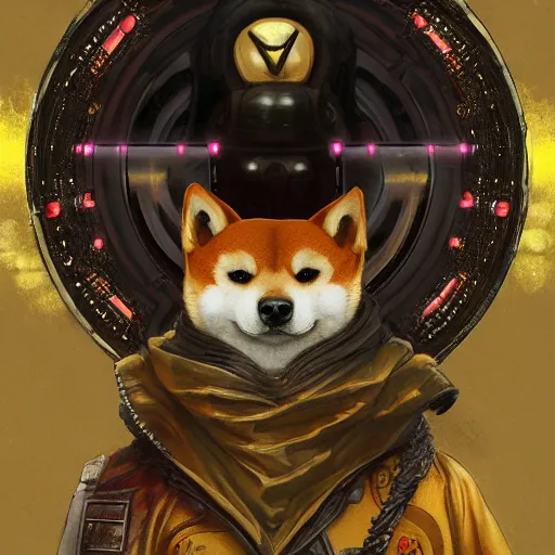 Prompt: lotus pose, anthropomorphic shiba inu, realistic scifi cyberpunk, wearing for man ukrainian traditional black vyshyvanka clothes, portrait art by donato giancola and greg rutkowski, realistic face, digital art, trending on artstation, symmetry