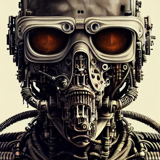 Image similar to ultra realist intricate detailed painting of a single rugged cyborg male, bearded face and cyborg tech on body, symmetry accurate features, cyberpunk, industrial, apocalyptic, very intricate details, focus, high resolution, 4 k, artstyle h. r. giger and hiraku tanaka, award winning