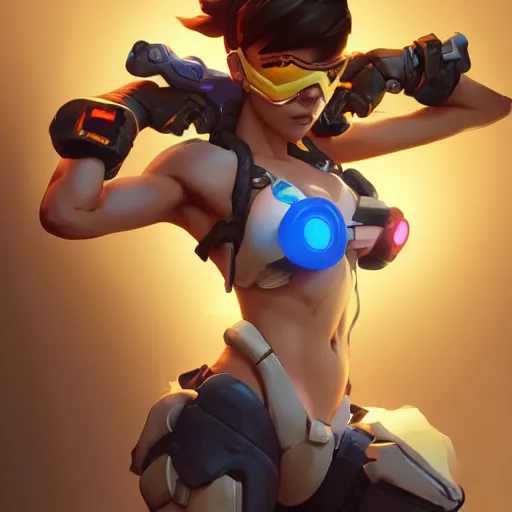 Image similar to overwatch tracer in a bikini, digital art, pretty face, very beautiful face, very detailed eyes, 8 k resolution, by wlop, greg rutkowski, full body