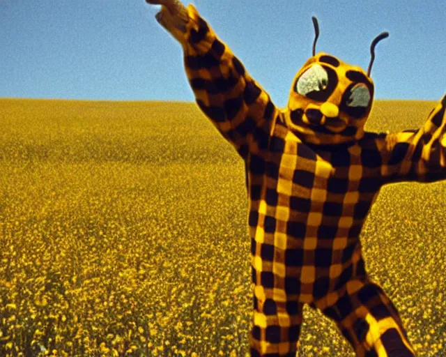 Image similar to William Dafoe dancing in the bee costume on the sunny meadow with clear sky, film still, very long shot, high detail