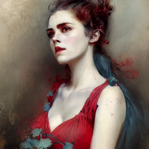 Prompt: Jean-Baptiste Monge and Solomon Joseph Solomon and Richard Schmid and Jeremy Lipking victorian genre painting portrait painting of a young beautiful woman marverl DC comic book character fantasy costume, red background