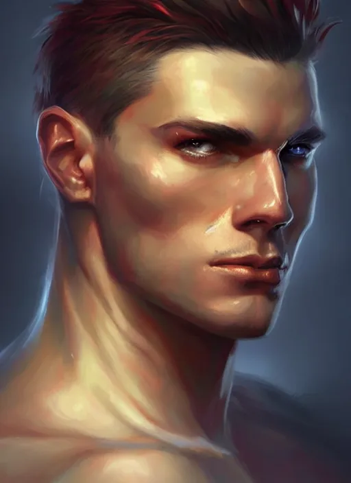 Prompt: « a portrait of a muscular cyberpunk male warrior, a digital painting by charlie bowater, featured on cgsociety, fantasy art, behance hd, wiccan, artstation hd »