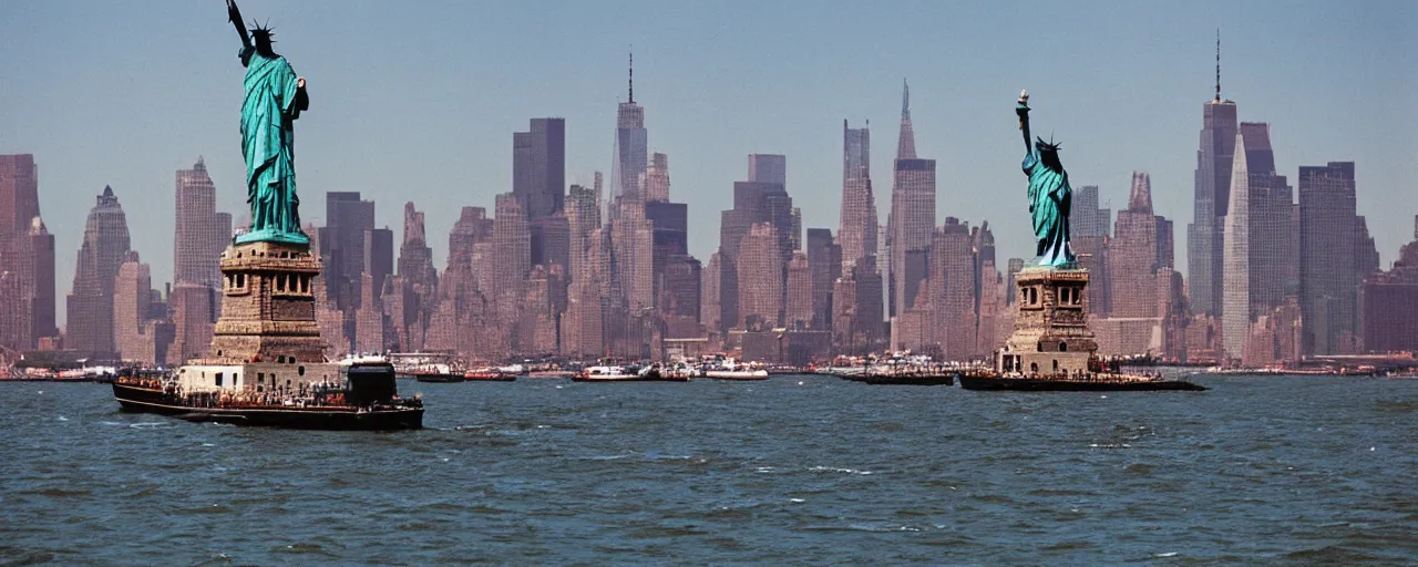 Image similar to a boat carrying spaghetti in new york, the statute of liberty in the background, canon 8 0 mm, photography, film, kodachrome