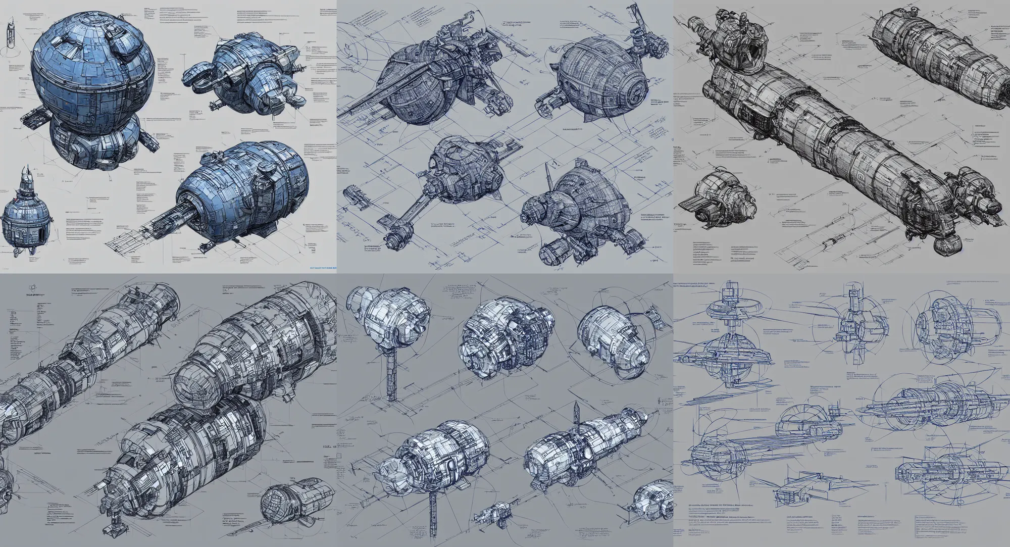 Prompt: A detailed schematic drawing of a sci-fi satellite, blueprint, technical drawing, scientific illustration, concept art, annotations, paper texture, Artyom Turskyi, Longque Chen, Mack Sztaba, Vladimir Manyukhin artstation, 8k