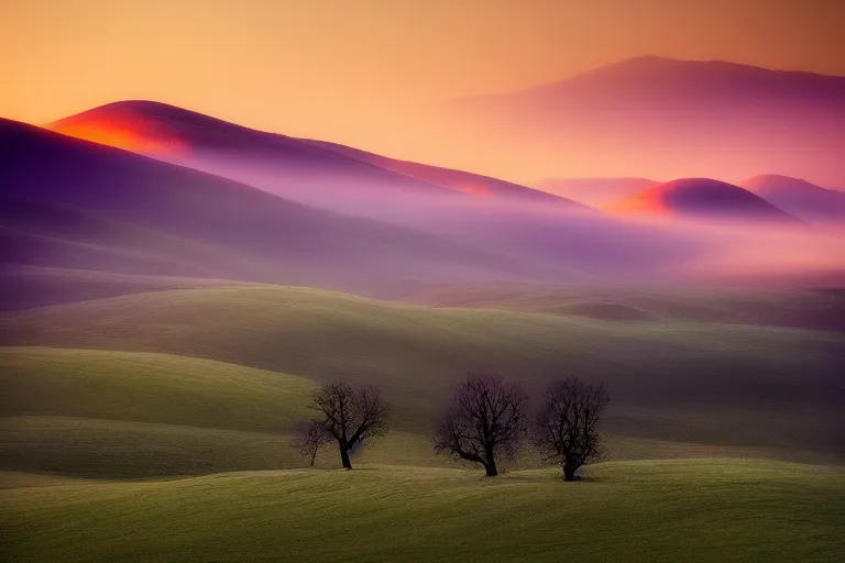 Image similar to moody landscape photography by marc adamus, mist, sunset, hills, tuscany, beautiful