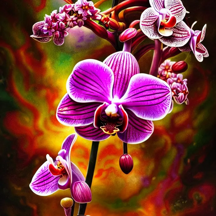 Prompt: extremely psychedelic macro orchid and cherry blossom and musroom, DoF, LSD, diffuse lighting, fantasy, intricate, elegant, highly detailed, lifelike, photorealistic, digital painting, artstation, illustration, concept art, smooth, sharp focus, art by John Collier and Albert Aublet and Krenz Cushart and Artem Demura and Alphonse Mucha