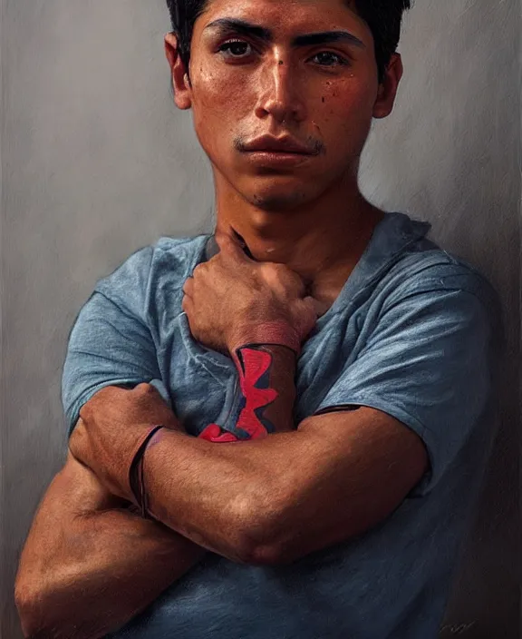 Prompt: heroic portrait of a young mexican man. art by denys tsiperko and bogdan rezunenko, hyperrealism