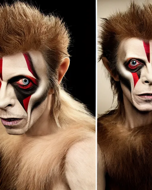 Prompt: actor David Bowie in Elaborate Pan Satyr Goat Man Makeup and prosthetics designed by Rick Baker, Hyperreal, Head Shots Photographed in the Style of Annie Leibovitz, Studio Lighting