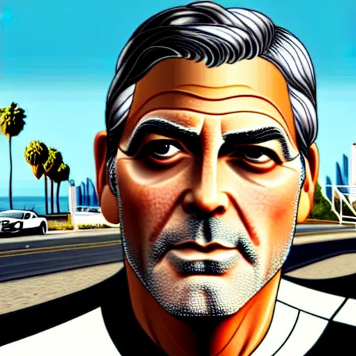 Prompt: george clooney in gta v. los santos in background, palm trees in the art style of stephen bliss