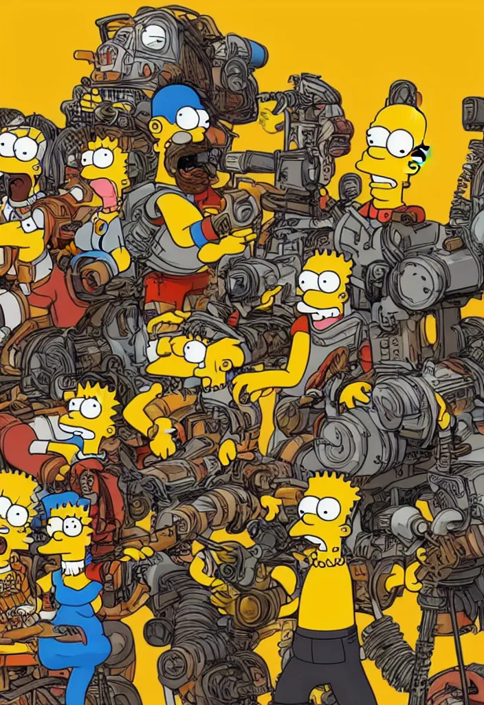 Prompt: Homer, Marge, Bart and Lisa Simpson in Fury Road Road Warrior movie, borderlands 4k render