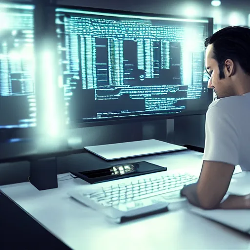 Prompt: a programmer at the table in front of a computer with multiple screens, long lines of code, IT, matrix style, 4k, ultra details, cinematic, epic style, beautiful photo, hyper realistic, octane render, unreal engine, award winning, on artstation, volumetric lightning, dramatic lights, masterpiece,