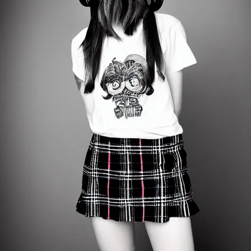 Image similar to female jade weber model teenage goth photography plaid mini skirt band shirt beautiful face, dramatic light darkroom