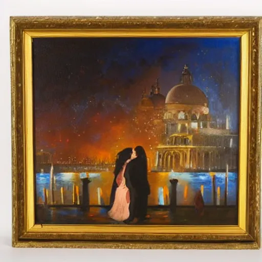 Image similar to an oil painting of couple kissing, in a background fireworks in venice