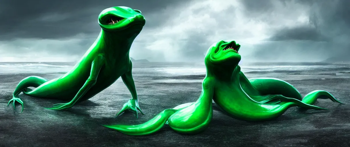 Image similar to a stunning cinematic extreme wide shot of an adorable confused slick sleek smooth green and jade humanoid sea monster wearing clothes made of seaweed on a dark stormy beach, well designed perfect with huge luminous sad eyes, sharp claws, cgsociety, hd octane render, fantasy, furry art, artstation, deviantart, furaffinity, very very clean, super smooth, thunderclouds