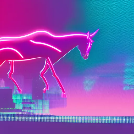 Image similar to !dream A synthwave horse inspired by Tron. Trending on Artstation. Digital screenshot. Faded film grain. 1980s Computer Graphics.