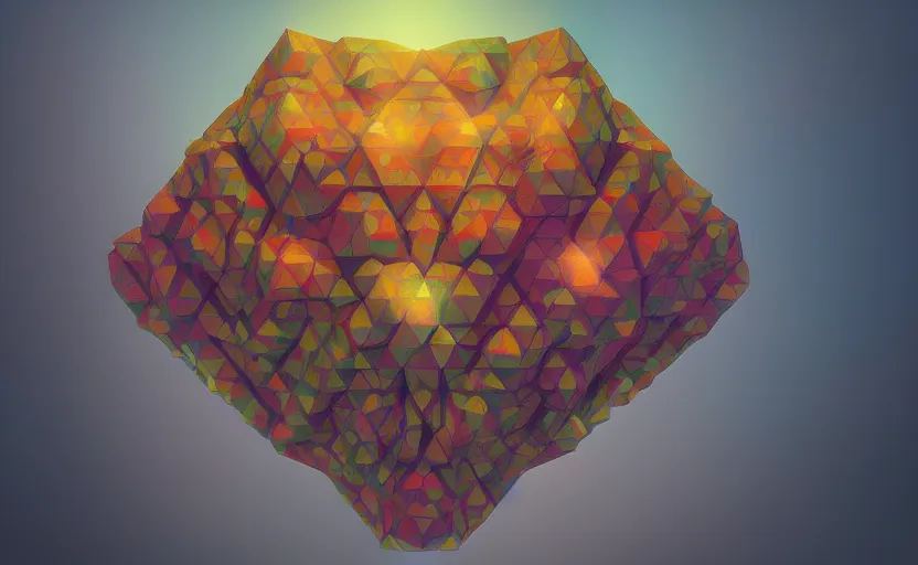 Image similar to a painting of a sierpinski icosahedron trending on artstation in the style of greg rutkowski, 3 d, fractal, 4 d, endless, rainbow, geometric tesseract, symmetry