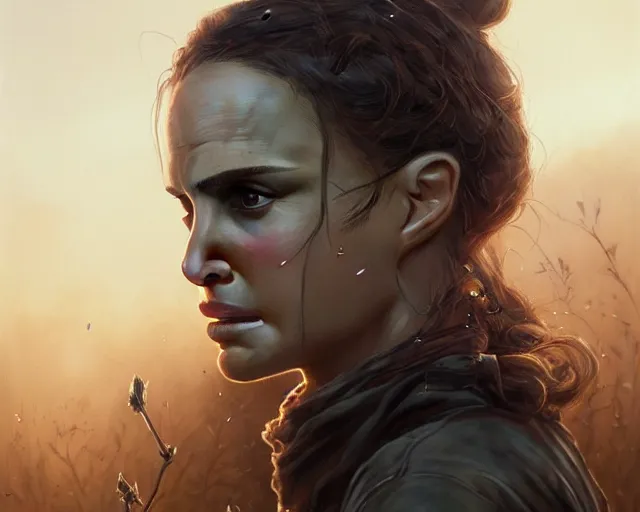 Image similar to highly detailed portrait of natalie portman, in the walking dead, stephen bliss, unreal engine, fantasy art by greg rutkowski, loish, rhads, ferdinand knab, makoto shinkai and lois van baarle, ilya kuvshinov, rossdraws, tom bagshaw, global illumination, radiant light, detailed and intricate environment