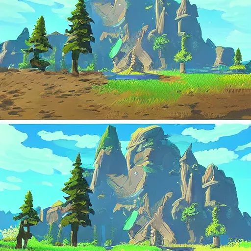 Prompt: detailed scenery from the legend of zelda breath of the wild, breath of the wild art style.