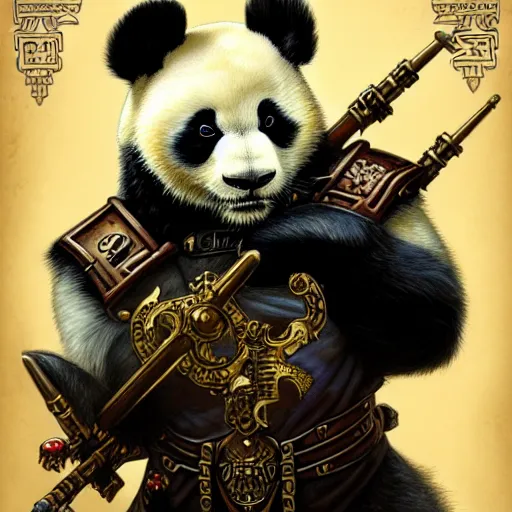 Prompt: full portrait of warhammer 4 0 k panda, fantasy, d & d, intricate, detailed, by by alphonse mucha, adolfo hohenstein, alice russell glenny, stanley artgerm lau, greg rutkowski, detailed, trending on artstation, trending on artstation, smooth