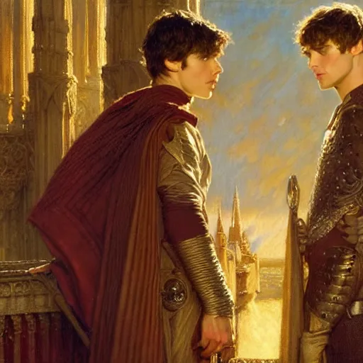 Image similar to arthur pendragon and merlin. focus on their faces. natural lighting. highly detailed painting by gaston bussiere, j. c. leyendecker, greg rutkowski 8 k