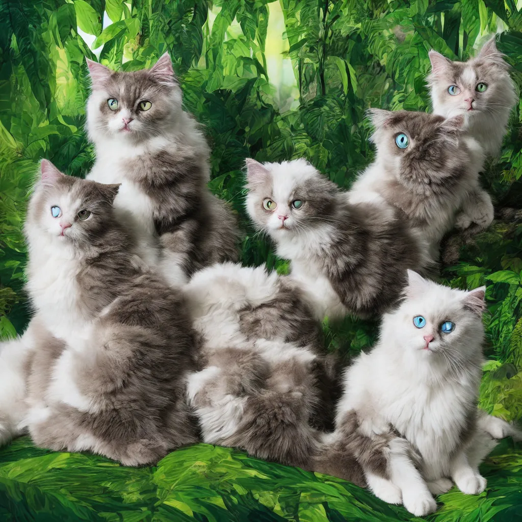 Image similar to ragdoll cats in a jungle, hyperrealistic, photorealism, realistic lighting, 4k