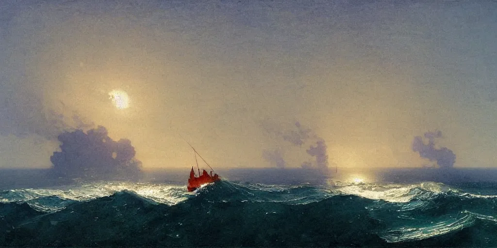 Image similar to “ ( ( ( ( ( boat on fire in rough ocean waves ) ) ) ) ) painted by caspar david friedrich and ivan aivazovsky and winslow homer!!!!!!!!!! ”