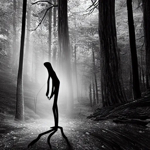 Image similar to photorealistic detailed tall skinny humanoid creature in a dark forest at night, extremly detailed, black and white, 8 k, realistic, sharp focus